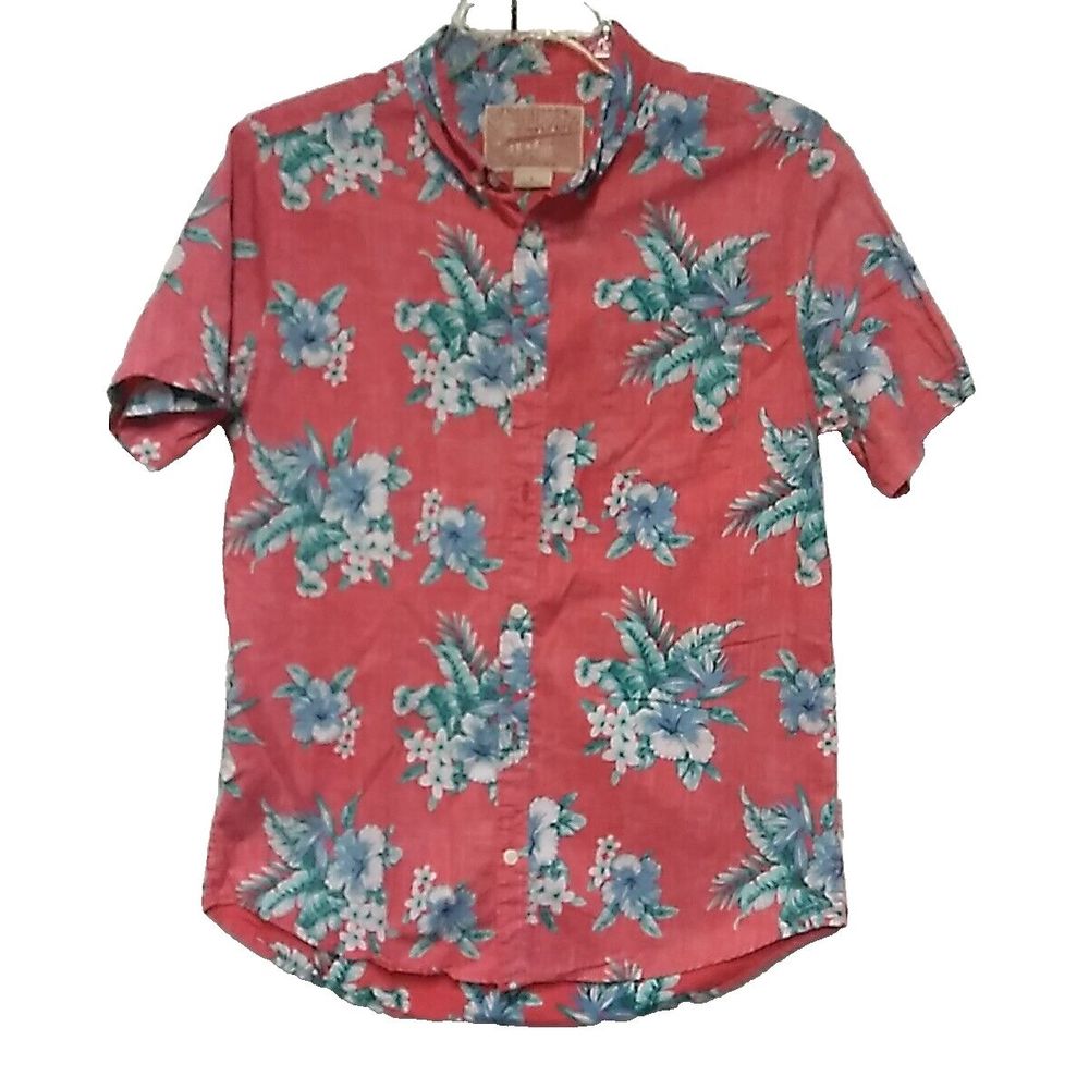 Brooklyn Cloth Hawaiian Shirt Mens Lg Red Tropical Floral Print Button Up Shirt